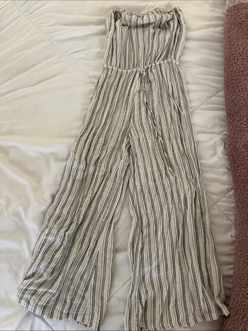 Blue Life White & Gray Striped Strapless Wide-Leg Jumpsuit